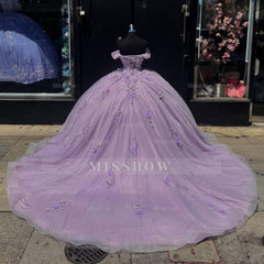 Misshow Lilac Ball Gown Off-Shoulder Sparkly Tulle Quinceanera Dress with 3D Floral Appliques for Sweet 16 & Formal Events