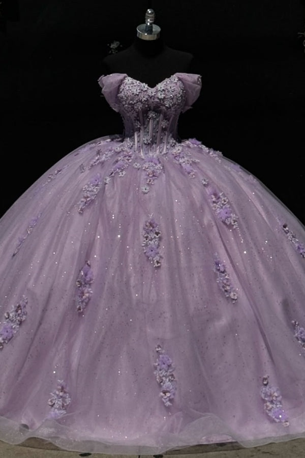 Misshow Lilac Ball Gown Off-Shoulder Sparkly Tulle Quinceanera Dress with 3D Floral Appliques for Sweet 16 & Formal Events