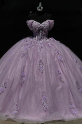 Misshow Lilac Ball Gown Off-Shoulder Sparkly Tulle Quinceanera Dress with 3D Floral Appliques for Sweet 16 & Formal Events