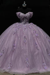 Misshow Lilac Ball Gown Off-Shoulder Sparkly Tulle Quinceanera Dress with 3D Floral Appliques for Sweet 16 & Formal Events