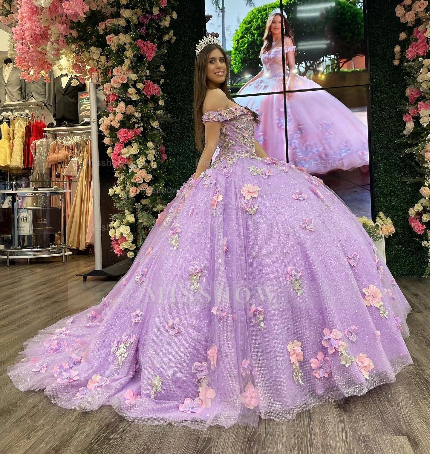 Misshow Lilac Ball Gown with Off-Shoulder Neckline 3D Floral Appliques & Sequins Princess Quinceanera & Sweet 16 Formal Dress
