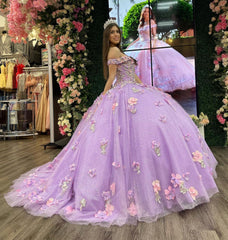 Misshow Lilac Ball Gown with Off-Shoulder Neckline 3D Floral Appliques & Sequins Princess Quinceanera & Sweet 16 Formal Dress