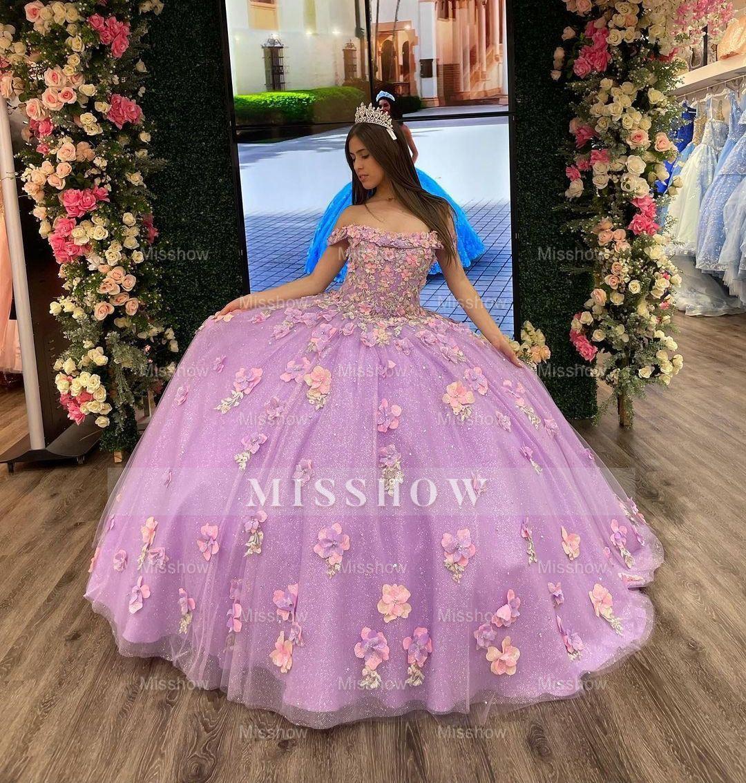 Misshow Lilac Ball Gown with Off-Shoulder Neckline 3D Floral Appliques & Sequins Princess Quinceanera & Sweet 16 Formal Dress