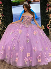 Misshow Lilac Ball Gown with Off-Shoulder Neckline 3D Floral Appliques & Sequins Princess Quinceanera & Sweet 16 Formal Dress