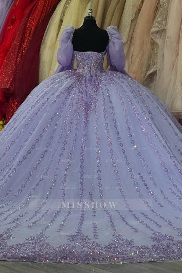 Misshow Lilac Ball Gown with Sweetheart Neckline Long Lantern Sleeves and Beaded Sequins Perfect for Quinceanera Birthday Parties & Formal Evenings