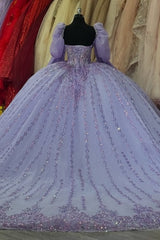 Misshow Lilac Ball Gown with Sweetheart Neckline Long Lantern Sleeves and Beaded Sequins Perfect for Quinceanera Birthday Parties & Formal Evenings