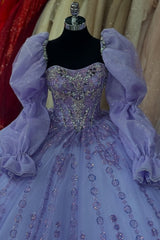 Misshow Lilac Ball Gown with Sweetheart Neckline Long Lantern Sleeves and Beaded Sequins Perfect for Quinceanera Birthday Parties & Formal Evenings