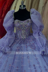 Misshow Lilac Ball Gown with Sweetheart Neckline Long Lantern Sleeves and Beaded Sequins Perfect for Quinceanera Birthday Parties & Formal Evenings