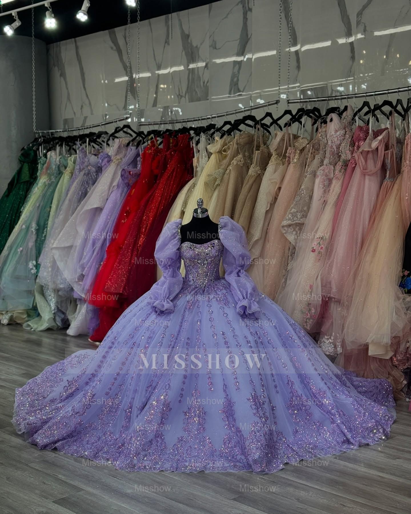 Misshow Lilac Ball Gown with Sweetheart Neckline Long Lantern Sleeves and Beaded Sequins Perfect for Quinceanera Birthday Parties & Formal Evenings