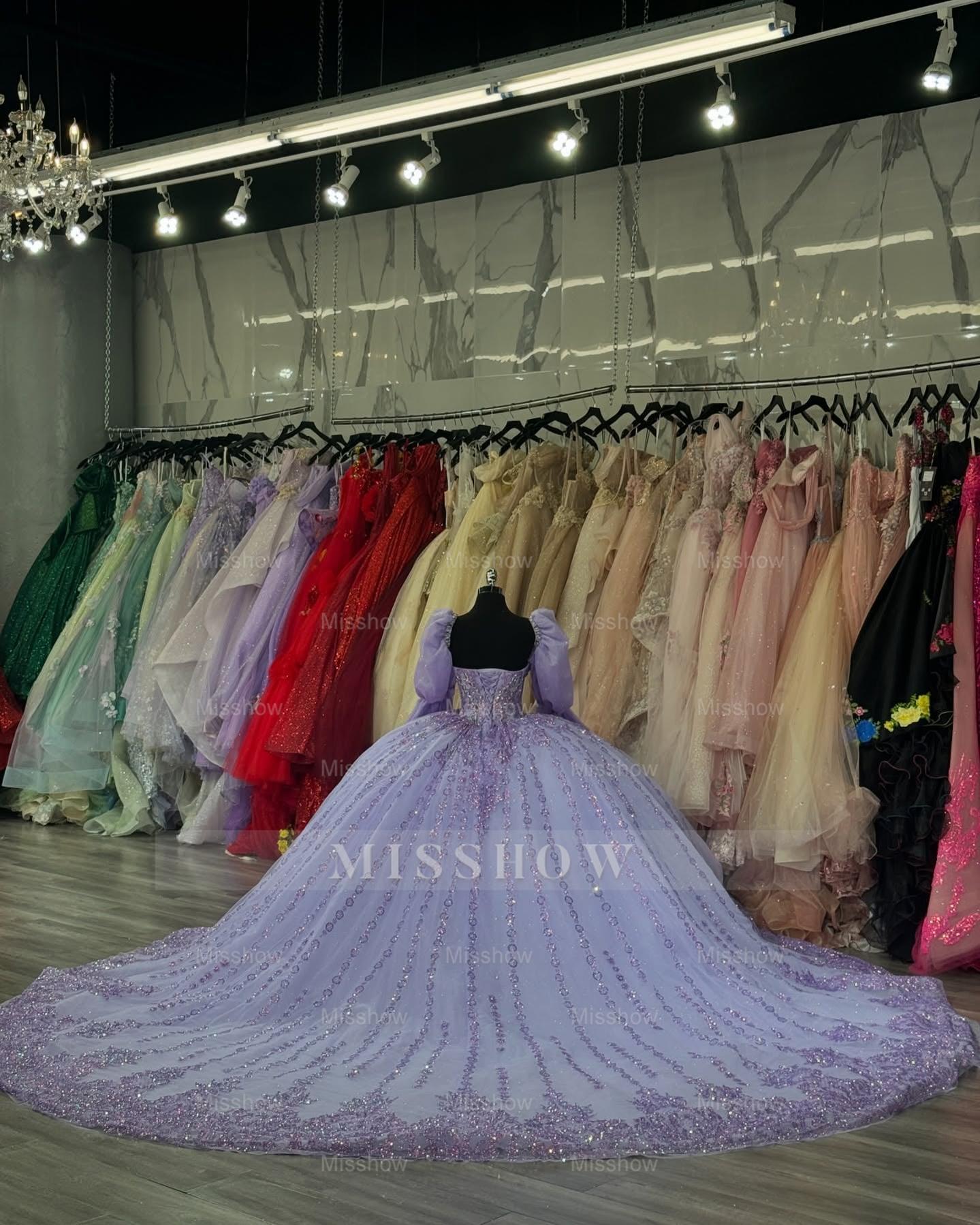 Misshow Lilac Ball Gown with Sweetheart Neckline Long Lantern Sleeves and Beaded Sequins Perfect for Quinceanera Birthday Parties & Formal Evenings