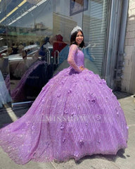 Misshow Lilac Ball Gown with Sweetheart Neckline Long Sleeves & 3D Floral Appliques Princess Quinceanera Dress for Sweet 16