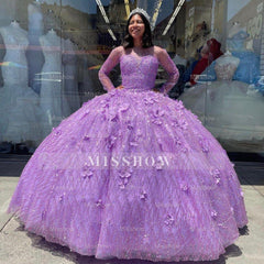 Misshow Lilac Ball Gown with Sweetheart Neckline Long Sleeves & 3D Floral Appliques Princess Quinceanera Dress for Sweet 16