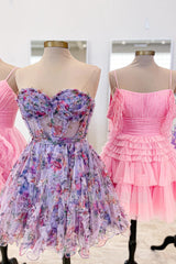 Misshow Lilac Corset Sweetheart Floral A-Line Short Homecoming Dress/Mini Dress with Ruffles