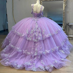 Misshow Lilac Off-Shoulder Ball Gown Tiered Tulle Ruffles with Lace Applique & Beaded Details for Quinceanera Sweet 16 or Princess-Themed Parties
