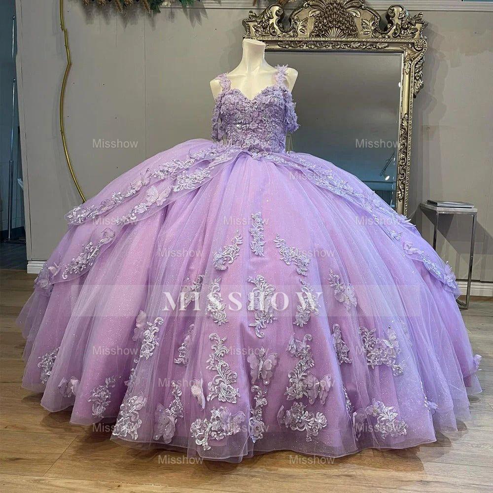 Misshow Lilac Off-Shoulder Ball Gown Tiered Tulle Ruffles with Lace Applique & Beaded Details for Quinceanera Sweet 16 or Princess-Themed Parties