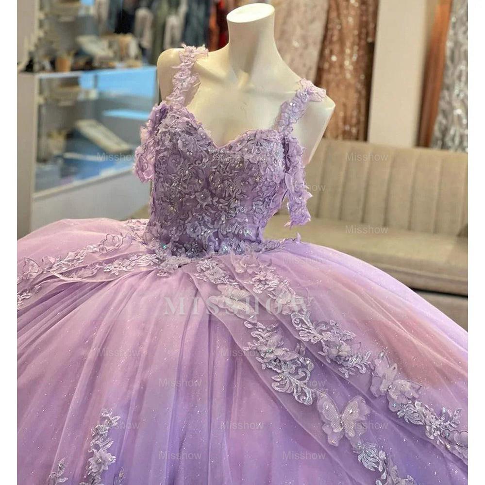 Misshow Lilac Off-Shoulder Ball Gown Tiered Tulle Ruffles with Lace Applique & Beaded Details for Quinceanera Sweet 16 or Princess-Themed Parties