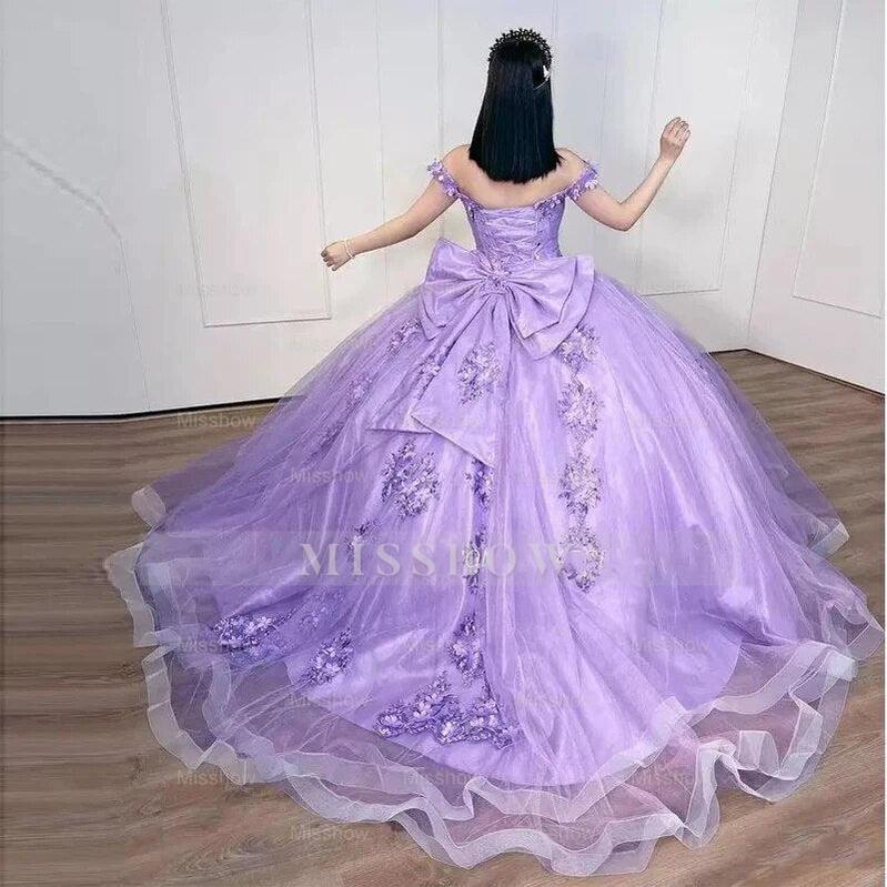 Misshow Lilac Off-Shoulder Ball Gown with Beaded 3D Flower Appliques & Bow Knot Perfect for Quinceanera & Sweet 16
