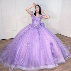 Misshow Lilac Off-Shoulder Ball Gown with Beaded 3D Flower Appliques & Bow Knot Perfect for Quinceanera & Sweet 16