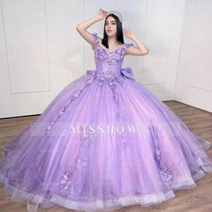Misshow Lilac Off-Shoulder Ball Gown with Beaded 3D Flower Appliques & Bow Knot Perfect for Quinceanera & Sweet 16