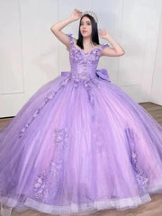 Misshow Lilac Off-Shoulder Ball Gown with Beaded 3D Flower Appliques & Bow Knot Perfect for Quinceanera & Sweet 16