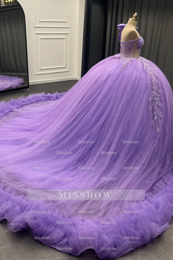 Misshow Lilac One-Shoulder Ball Gown with Beaded Sequins & Ruffled Tulle Perfect for Quinceanera Sweet 16 & Evening Galas