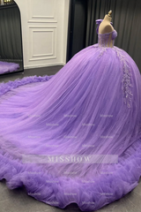 Misshow Lilac One-Shoulder Ball Gown with Beaded Sequins & Ruffled Tulle Perfect for Quinceanera Sweet 16 & Evening Galas