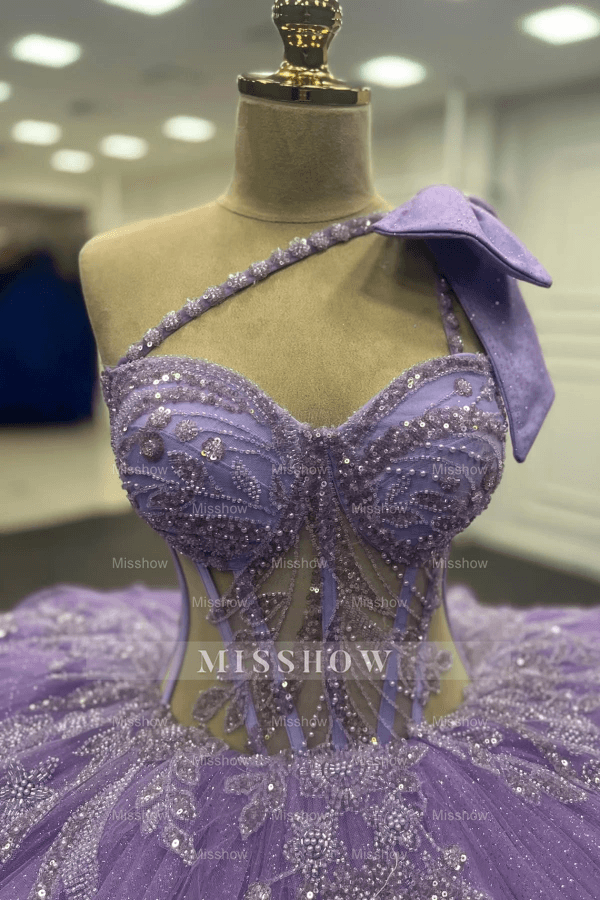 Misshow Lilac One-Shoulder Ball Gown with Beaded Sequins & Ruffled Tulle Perfect for Quinceanera Sweet 16 & Evening Galas