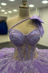 Misshow Lilac One-Shoulder Ball Gown with Beaded Sequins & Ruffled Tulle Perfect for Quinceanera Sweet 16 & Evening Galas