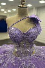 Misshow Lilac One-Shoulder Ball Gown with Beaded Sequins & Ruffled Tulle Perfect for Quinceanera Sweet 16 & Evening Galas