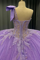 Misshow Lilac One-Shoulder Ball Gown with Beaded Sequins & Ruffled Tulle Perfect for Quinceanera Sweet 16 & Evening Galas