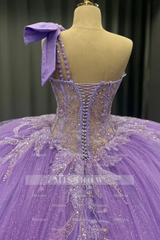 Misshow Lilac One-Shoulder Ball Gown with Beaded Sequins & Ruffled Tulle Perfect for Quinceanera Sweet 16 & Evening Galas