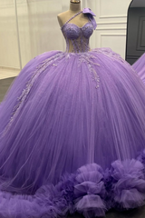 Misshow Lilac One-Shoulder Ball Gown with Beaded Sequins & Ruffled Tulle Perfect for Quinceanera Sweet 16 & Evening Galas