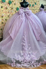 Misshow Lilac Quinceanera Dress Off-Shoulder Glitter Ball Gown with Lace-Up Back & Pleated Bow Detail