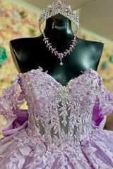 Misshow Lilac Quinceanera Dress Off-Shoulder Glitter Ball Gown with Lace-Up Back & Pleated Bow Detail
