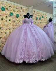 Misshow Lilac Quinceanera Dress Off-Shoulder Glitter Ball Gown with Lace-Up Back & Pleated Bow Detail