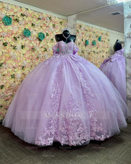 Misshow Lilac Quinceanera Dress Off-Shoulder Glitter Ball Gown with Lace-Up Back & Pleated Bow Detail