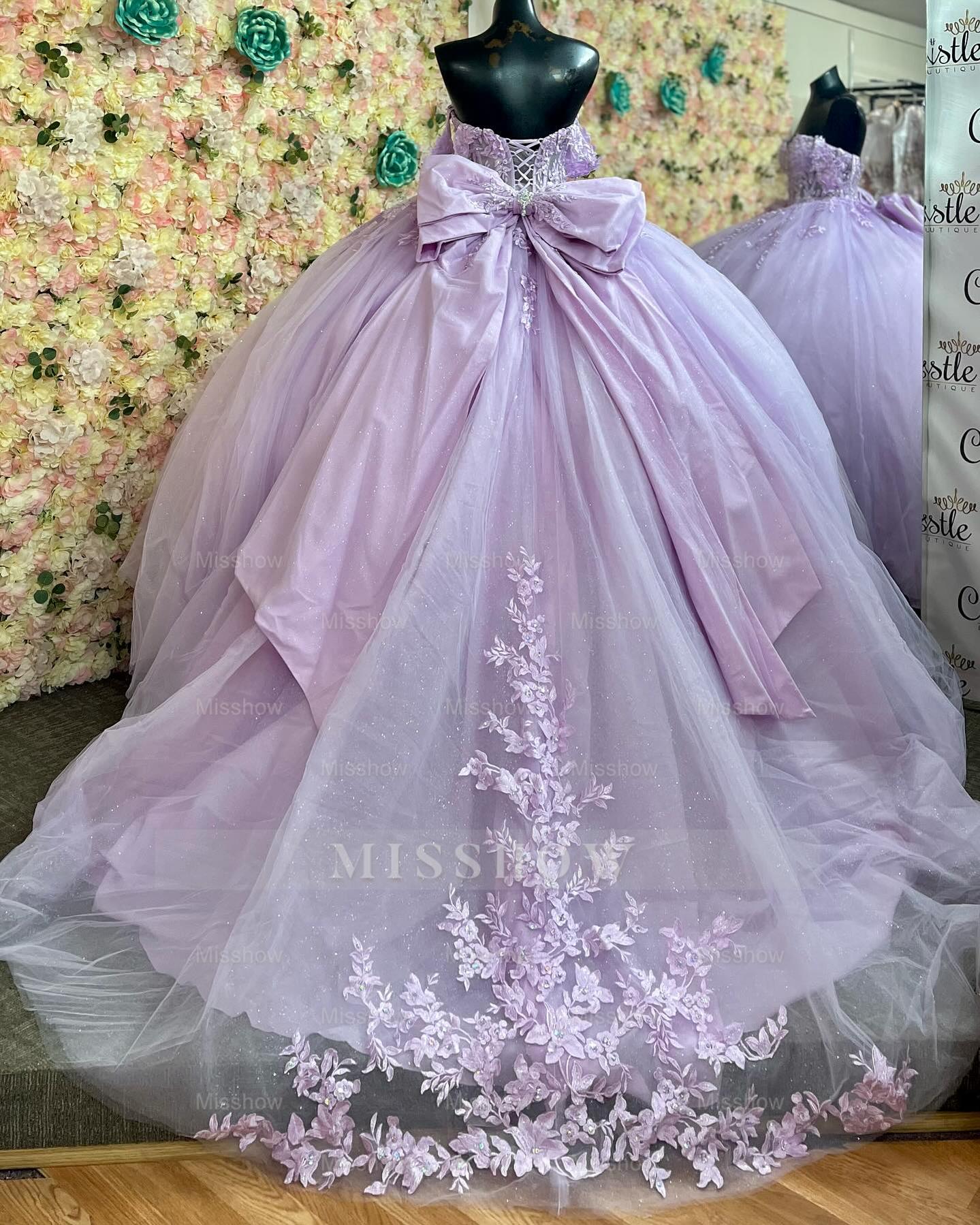 Misshow Lilac Quinceanera Dress Off-Shoulder Glitter Ball Gown with Lace-Up Back & Pleated Bow Detail
