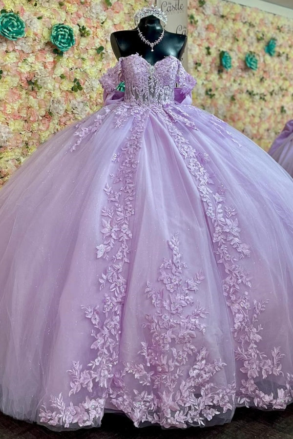 Misshow Lilac Quinceanera Dress Off-Shoulder Glitter Ball Gown with Lace-Up Back & Pleated Bow Detail