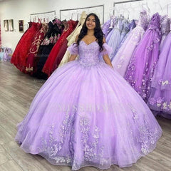 Misshow Lilac Quinceanera Dress Off-Shoulder Glitter Tulle Gown with Lace Appliques & Puffy Sleeves for Sweet 16