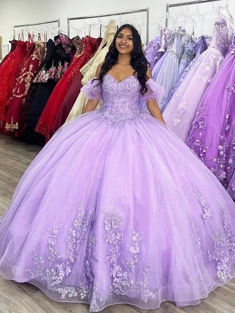 Misshow Lilac Quinceanera Dress Off-Shoulder Glitter Tulle Gown with Lace Appliques & Puffy Sleeves for Sweet 16