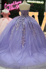 Misshow Lilac Sequined Ball Gown Strapless Tulle Quinceanera Dress with Floral Appliques for Sweet 16 & Formal Events