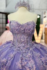 Misshow Lilac Sequined Ball Gown Strapless Tulle Quinceanera Dress with Floral Appliques for Sweet 16 & Formal Events