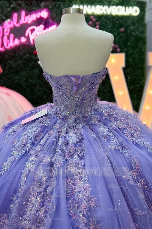 Misshow Lilac Sequined Ball Gown Strapless Tulle Quinceanera Dress with Floral Appliques for Sweet 16 & Formal Events