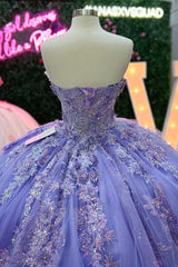 Misshow Lilac Sequined Ball Gown Strapless Tulle Quinceanera Dress with Floral Appliques for Sweet 16 & Formal Events