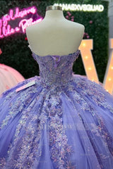 Misshow Lilac Sequined Ball Gown Strapless Tulle Quinceanera Dress with Floral Appliques for Sweet 16 & Formal Events