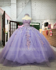 Misshow Lilac Sequined Ball Gown Strapless Tulle Quinceanera Dress with Floral Appliques for Sweet 16 & Formal Events