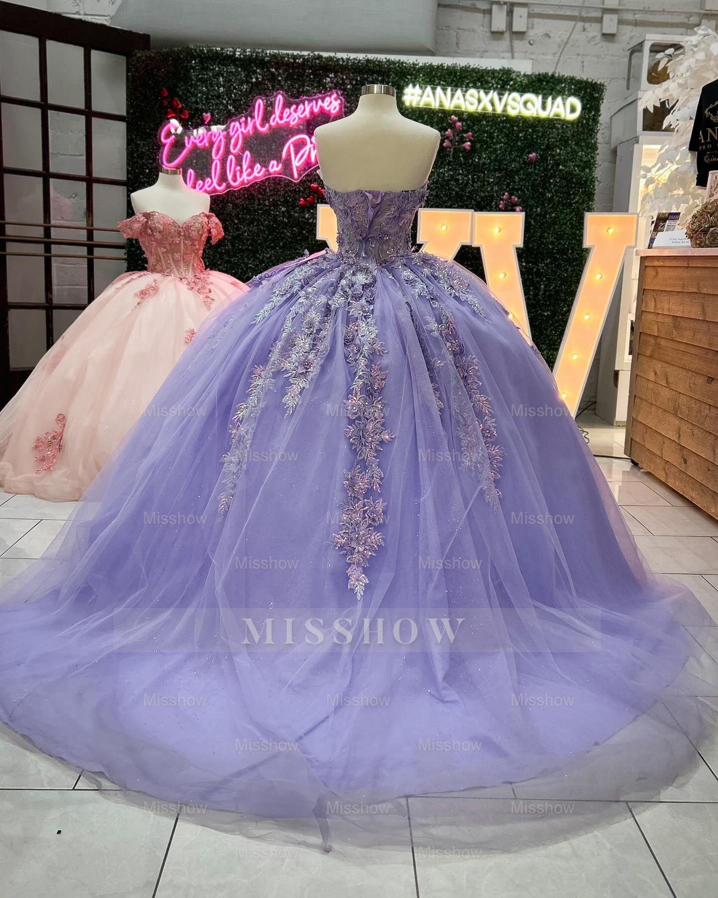 Misshow Lilac Sequined Ball Gown Strapless Tulle Quinceanera Dress with Floral Appliques for Sweet 16 & Formal Events
