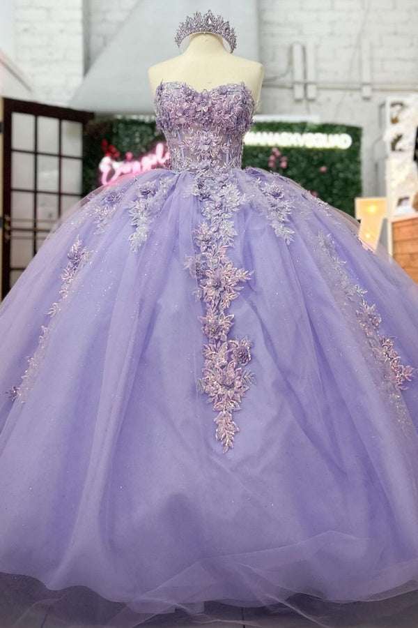 Misshow Lilac Sequined Ball Gown Strapless Tulle Quinceanera Dress with Floral Appliques for Sweet 16 & Formal Events