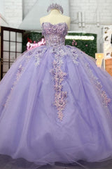 Misshow Lilac Sequined Ball Gown Strapless Tulle Quinceanera Dress with Floral Appliques for Sweet 16 & Formal Events