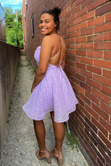 Misshow Lilac Sequins Homecoming Dress/Mini Dress with Criss Cross Back
